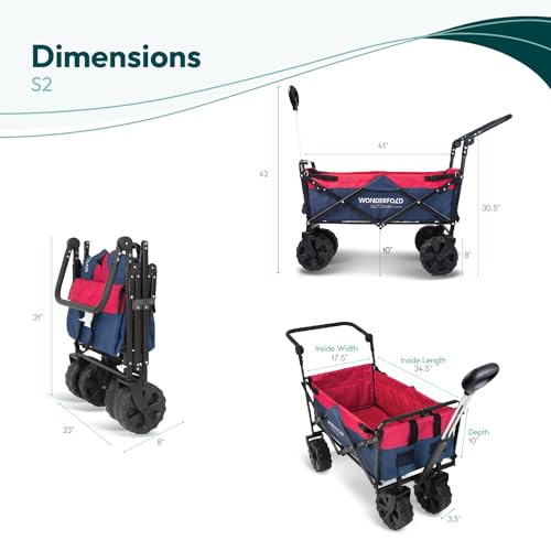 WONDERFOLD S2 Push & Pull Folding Utility Cart with Wide Beach Tires, Adjustable Push Handle, Telescopic Pull Handle with Spring Bounce Technology & Storage Pouch, Navy/Red - color: Navy/Red.