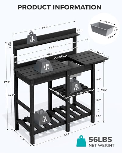 SERWALL Outdoor Potting Bench with Removable Sink,Gardening Table,Black - color: Black, size: Classic