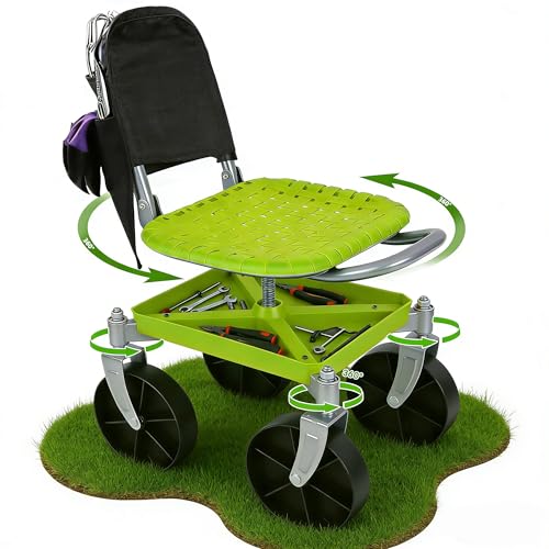Outdoor Garden Stool with 360° Swivel Caster Wheels, Rolling Garden Cart with 360° Swivel Seat, Height Adjustment, Back Tool Pouch & Under-Seat Tray, Gardening Gifts for Women, Parents, Seniors - color: Green