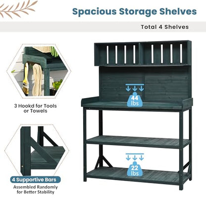 Outdoor Potting Bench Table with Storage, Farmhouse Wood Garden Tables with Storage Shelves and Side Hooks, Potting Tables for Outside, Patio, Backyard, Easy Assembly, Dark Green - size: 65'' Dark Green