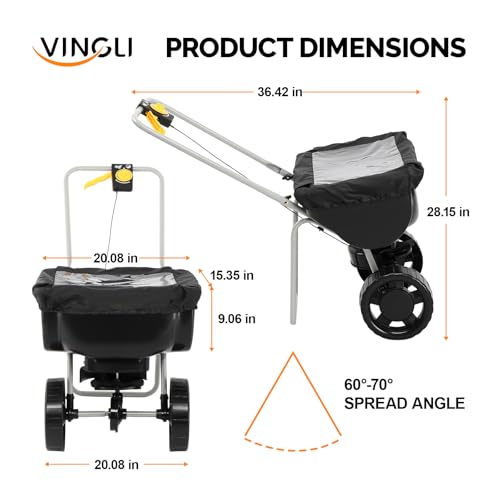 VINGLI 70lbs Fertilizer Spreader with 15 Adjustable Drop Rate, Pre-Assembled Walk-Behind Seed Spreader, with 9" Tire for Multi-Terrain, Broadcast Spreader for Lawn Care & Seed Spreading