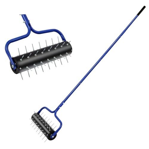 Rolling Lawn Aerator, 21" Soil Penetrator push Aerator for lawn,Preasembled Spike Garden Aerator Tool, 75" Adjustable Handle ,Heavy Duty Aerator lawn tool for garden,farm care,Keep the soil health. - color: BLUE