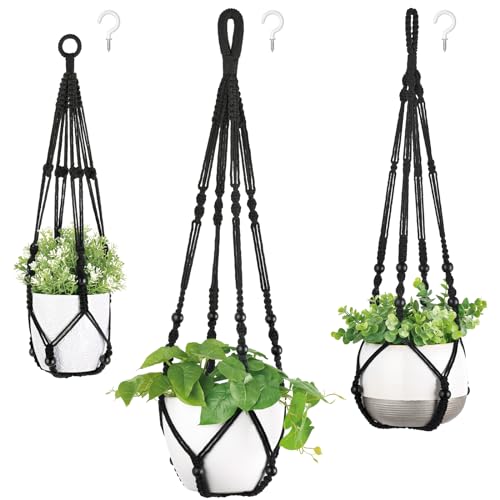 Mkono 3 Pack Macrame Plant Hangers Hanging Planters for Indoor Plants Black - color: Black, size: Medium
