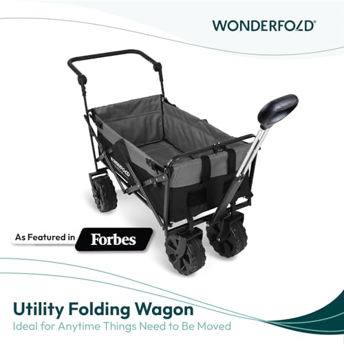 WONDERFOLD S2 Push & Pull Folding Utility Cart with Wide Beach Tires, Adjustable Push Handle, Telescopic Pull Handle with Spring Bounce Technology & Storage Pouch, Black/Gray - color: Black/Gray.