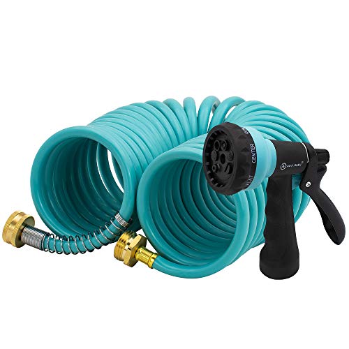 AUTOMAN EVA Recoil Garden Hose 25ft - Includes 7 Pattern Spray Nozzle,Curly Water Hose 25 Foot,Watering Coil,Retractable,Corrosion Resistant Garden Coil Hose. - color: Turquoise, size: 25 ft