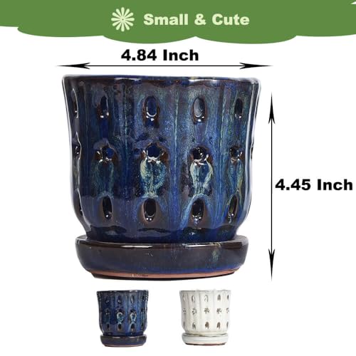 Orchid Pots with Holes Attached Saucers 5 Inches - 2 Pcs Small Ceramic Pots for Repotting, Decorative Ceramic Orchid Planter with Hole for Healthy Root Growth (White and Blue) - color: White and Blue