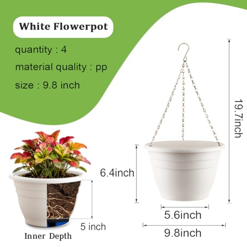 RooTrimmer Hanging Planters 10 Inch, 4 Pcs Flower Pots with Drainage Hole, Self Watering Hanging Basket for Indoor Outdoor Plants, Decor, White - color: Classic White, size: 10 Inch-4P