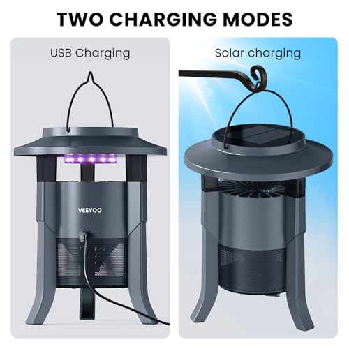 Solar Mosquito Trap Outdoor Waterproof, Rechargeable Fly Trap with Solar Panel Sensor and Lighting, Mosquito Zapper Flying Insect Bug Trap for Home, Patio, Backyard, Camping