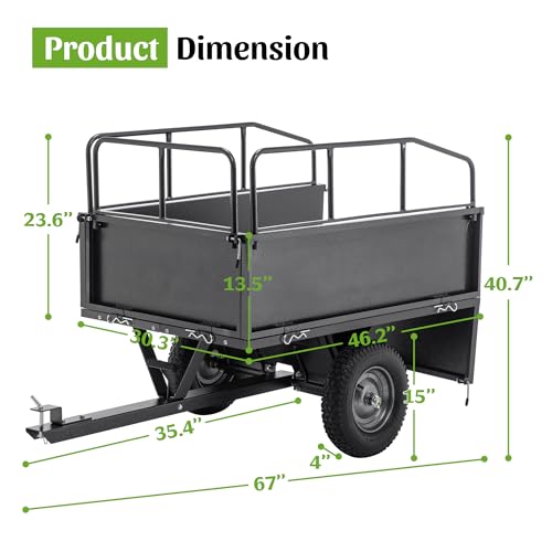KEIKI 600 lb Garden Dump Cart with Tow Hitch, 17 Cu Ft Heavy Duty Steel Utility Trailer, Dual Dumping Lawn Cart with 16" Tires for ATV UTV Tractor Yard Hauling - color: Black