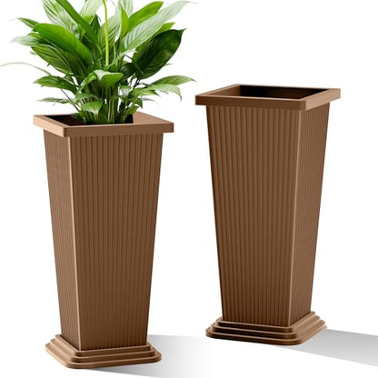 TUYOHW 24 Inch Tall Tapered Square Planters (Set of 2) - Indoor Outdoor Large Flower Pots with Built-in Drainage & Matching Water Tray for Patio, Garden, Home - Brown - color: Brown-ribbed