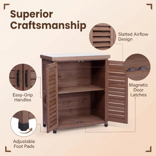 Wood Outdoor Potting Bench Storage Cabinet, Waterproof Metal Top - color: Brown