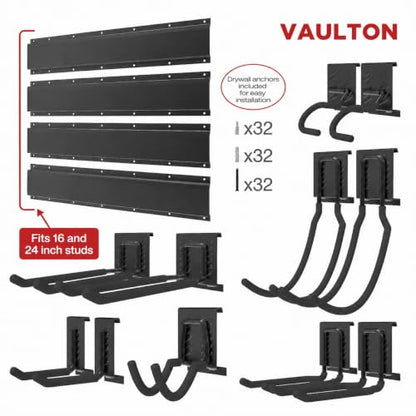VAULTON 96" Garage Wall Organizer, Metal Tool Rack, 4 Rails 11 Hooks - size: 96" - 15 piece kit