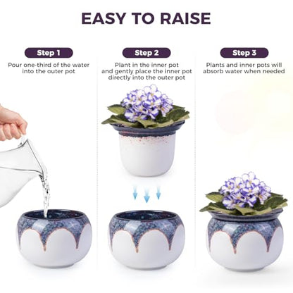 BUYMAX Self Watering Ceramic African Violet Pot Keep The Soil Moist - color: White-red