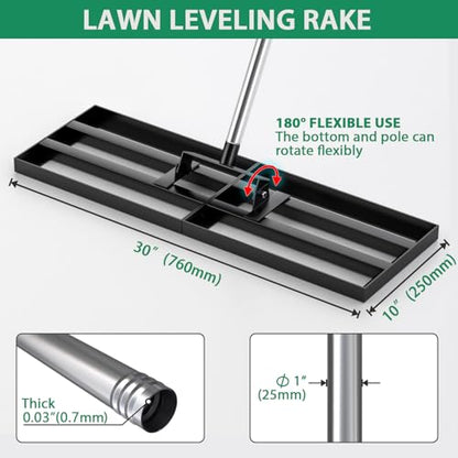 Lawn Leveling Rake 30" x 10" with 78" Adjustable Stainless Steel Handle - Heavy Duty Wide Leveling Tool for Large Areas, Grass & Soil Leveler