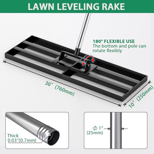 Lawn Leveling Rake 30"x10" with 78" Adjustable Stainless Steel Extened Handle,Heavy-Duty Leveling Tool for Garden, Yard & Landscaping