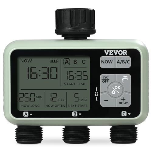 VEVOR Water Timer, 3 Outlets, Hose Watering Sprinkler Timer, with 3 Independent Watering Zone LCD Display Rain Delay Mode Manual Mode 360° Brass Inlet Metal Filter, IPX6 Waterproof for Yard Watering - style: 3 Outlet with LCD Display