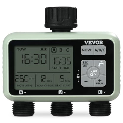 VEVOR Water Timer, 3 Outlets, Hose Watering Sprinkler Timer, with 3 Independent Watering Zone LCD Display Rain Delay Mode Manual Mode 360° Brass Inlet Metal Filter, IPX6 Waterproof for Yard Watering - style: 3 Outlet with LCD Display