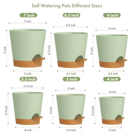 WSMKSZ 7/6.5/6/5.5/5/4 inch Self Watering Pots for Indoor Outdoor Plants, 6 Pack Plastic Flower Planters with Drainage Holes and Removable Saucers, Plant Pots with Wicking Rope, Green Brown - color: Green Brown, size: 7+6.5+6+5.5+5+4inch 6pcs