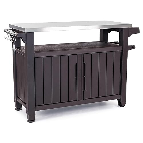 Keter Outdoor Rolling Table Cart for Food Prep, Storage, Dark Brown - color: Brown