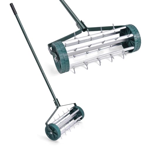 GYMAX Lawn Aerator, 17inch Heavy Duty Rolling Aerator with Sharp Spikes & Anti-Slip Handle, Push Grass Aerator for Lawn, Garden, Yard, Manual Aerator Tool (Basic) - style: Basic