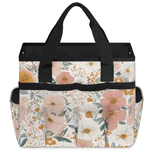 Garden Tote Bag with 10 Pockets Vintage Flowers Heavy Duty Gardening Bags for Tools Organizer Storage Bag with Handle for Garden Lawn Yard Casual - color: Folwer-2