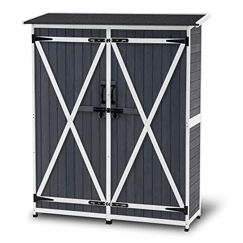 MCombo Outdoor Storage Cabinet with Shelves, Wood Garden Shed with Floor, Outside Tool Shed with 2 Lockable Doors for Backyard Patio Lawn, 1400 (Gray) - color: Gray