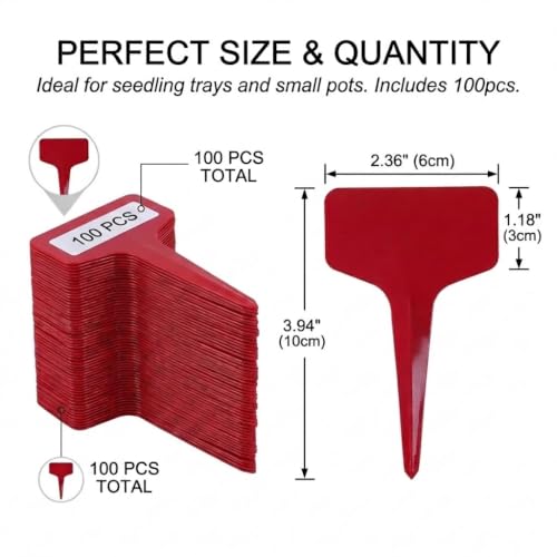 MIHEY 100 Pcs T-Type Plant Labels Tags Garden Markers with Gel Pen, Red - color: Red