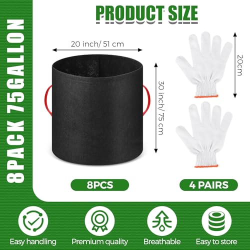 Nuenen 8 Pack 75 Gallon Plant Grow Bags Bulk Breathable Nonwoven Fabric Pot with Handles Heavy Duty Nursery Vegetable Pots with Gloves for Garden Vegetables Potato Plants Flower Growing Planting