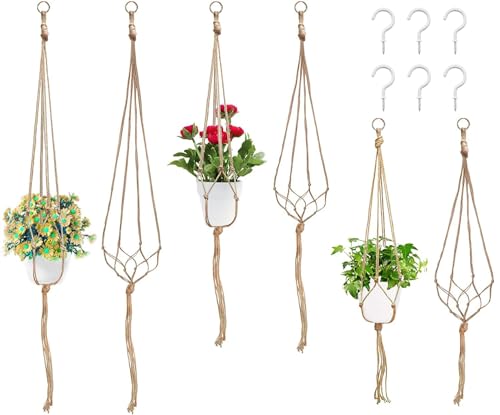 Swpeet 6 Pack 3 Sizes Macrame Hanging Planter Holder Plant Hanger with 6 Pack 2.9 Inch Ceiling Cup Hooks Kit, Hanging Planter Basket Rope Holder for Indoor Outdoor Decorations Beautiful Hanging