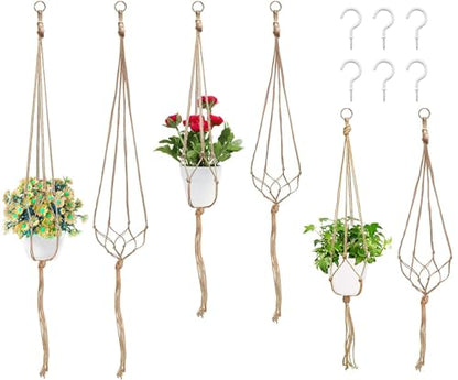 Swpeet 6 Pack 3 Sizes Macrame Hanging Planter Holder Plant Hanger with 6 Pack 2.9 Inch Ceiling Cup Hooks Kit, Hanging Planter Basket Rope Holder for Indoor Outdoor Decorations Beautiful Hanging