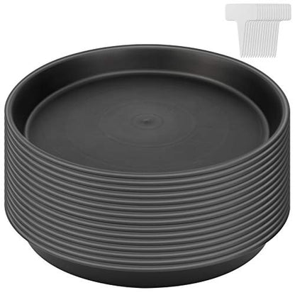 KEILEOHO 15 Pack 12 Inch Plant Saucer, Heavy Duty Round Plastic Plant Saucer with Plant Labels, Flower Plant Pot Tray, Planter Water Catcher Trays for Indoor Outdoor Use, Black