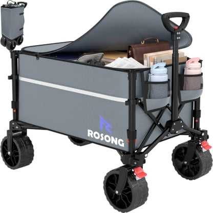 ROSONG Collapsible Wagon Cart with Wheels, Grey with Cover, 120L - color: Grey With Cover, size: 120L