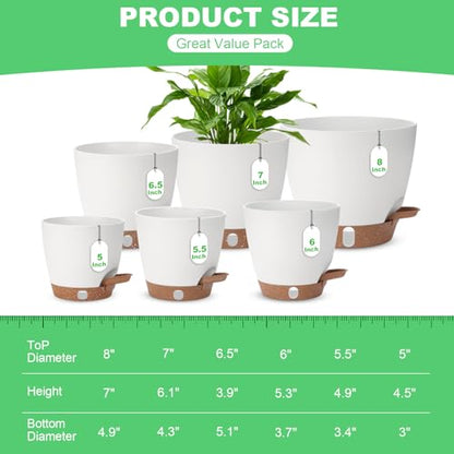 Self Watering Planter with Visual Water Level, 6Pack Small Plastic Pot Set with Drainage Holes and Reservoir Saucers, Modern 8+7+6.5+6+5.5+5 Inch Bottom Watering Flower Pots for Indoor Plant - White - color: White-small