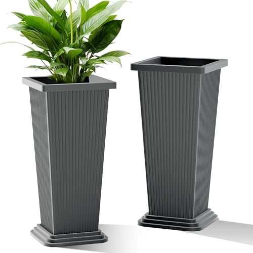 TUYOHW 24 Inch Tall Tapered Square Planters (Set of 2) - Indoor Outdoor Large Flower Pots with Built-in Drainage & Matching Water Tray for Patio, Garden, Home - Gray - color: Gray-ribbed