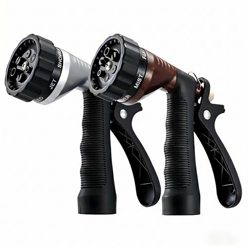 GREEN MOUNT 2-Pack Water Hose Nozzle, Heavy Duty Zinc Alloy Sprayer, Adjustable Jet to Shower, Leakproof Trigger Lock for Garden Car Pet Wash, Silver & Bronze - color: Silver & Bronze