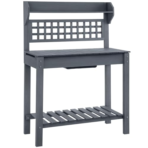 39" Wooden Garden Potting Bench Work Table with Sliding Tabletop, Dry Sink, Hidden Storage, Upper Shelf & Bottom Shelf, Gray