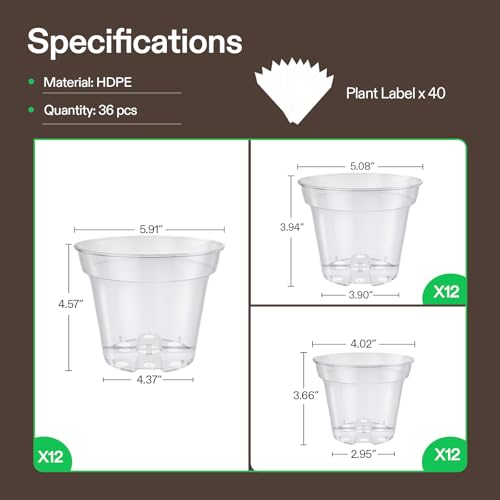 VIVOSUN 36 Packs 4/5/6 Inch Clear Nursery Pots with Drainage Holes - size: 4/5/6 Inch