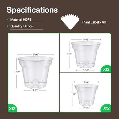 VIVOSUN 36 Packs 4/5/6 Inch Clear Nursery Pots with Drainage Holes - size: 4/5/6 Inch