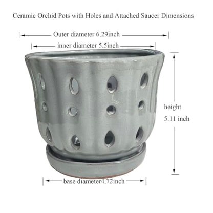 Ceramic Orchid Pot with Attached Saucer and Drainage Hole 6'' Gray - color: Gray