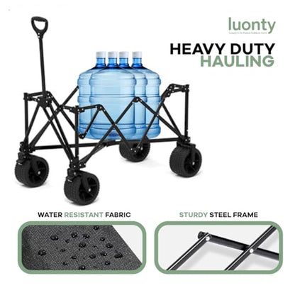Collapsible Utility Wagon Cart, Heavy Duty Folding Garden Cart with Wheels, Black Steel Frame, 150 L Capacity - 330 LB Capacity
