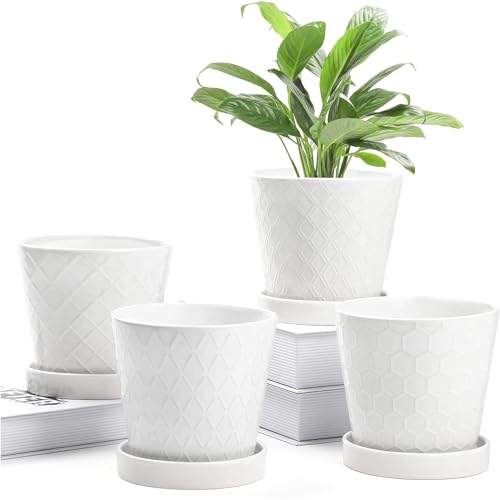 BUYMAX 5in Ceramic Flower Pots Set of 4 Plant Pot with Drainage Hole - color: White