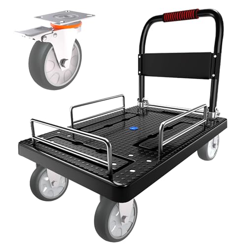 Heavy Duty Platform Trucks Flatbed Cart with Brake Wheels & Fence - color: Black, size: 36"x24"