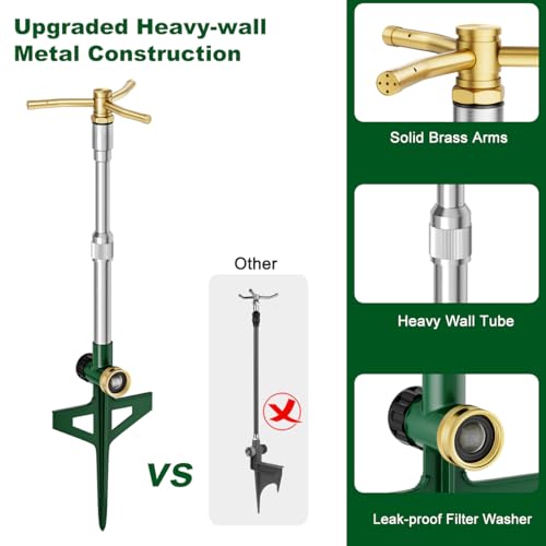 FANHAO 2 Pack Metal Lawn Sprinklers with Adjustable Telescoping Base, 3-Arm Water Sprinkler 360 Degree Rotation High-Rise Sprinkler for Large Area Coverage, Garden Watering Irrigation Sprinkler System