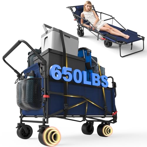 LEVELEVE Heavy Duty Folding Wagon - 2-in-1 Collapsible Cart, All-Terrain Wheels w/Brakes & Side Pockets (Blue,650lb Capacity) - color: Blue, size: Large