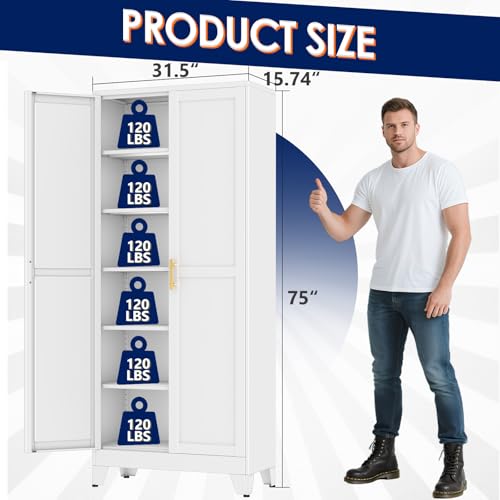 erosoei 75" H Metal Garage Storage Cabinet, Metal Pantry Cabinet with 2 Doors, Locker Steel Cabinet with 5 Adjustable Shelves, Freestanding Cupboard for Garage,Office,Home,Gym,School - color: White, size: 75"-NCasNLck