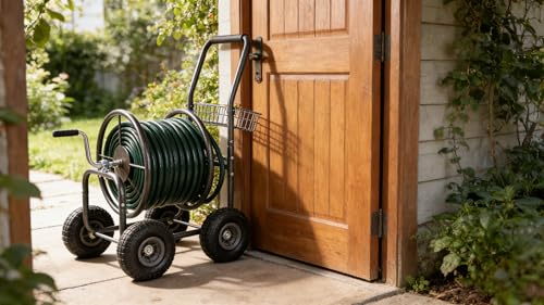 Heavy Duty Garden Hose Reel Cart on Wheels - Portable 4-Wheel Water Hose Holder with Storage Basket, Rust Resistant Outdoor Hose Reel for Easy Watering