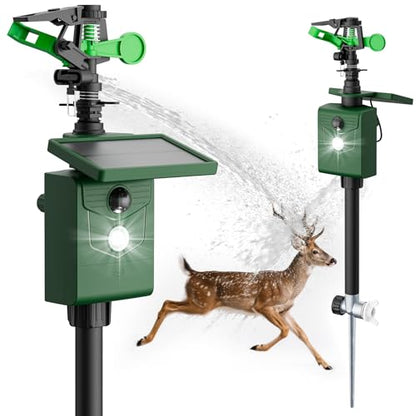 2 Packs Motion Activated Animal Repeller with Water Sprinkler, Deer Repellent Devices Solar Powered, IP65 Waterproof Deer Repellent with Flashing Light, Deter Cats Dogs Skunks Raccoons from Garden