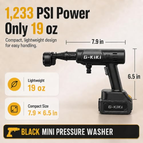 Cordless Portable Power Cleaner, Ultra-Light Handheld Spray Washer Cleaning Tool with 2 Batteries & Charger, Flexible Hose, Foam Bottle, 6in1 Nozzle, Storage Case for Home, Car, Patio, Camping, Boats