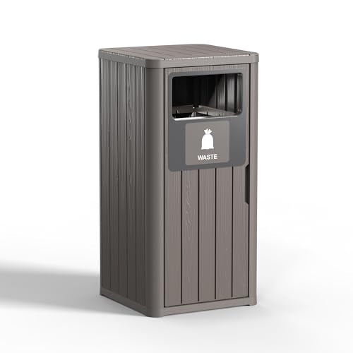 PatioZen Outdoor Single Barrel Trash Can,Waterproof Resin Garbage Can with Garbage Labels,Durable Waste Bin for Porch, Backyard,Kitchen,for 30 to 39 Gallon Trash Bags - color: Grey, size: 16*16*35