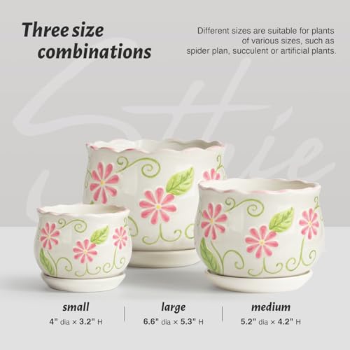 Pink Ceramic Flower Pots, 4+5.2+6.6 Inch Small Plant Pots for Indoor Plant - color: White99-hp